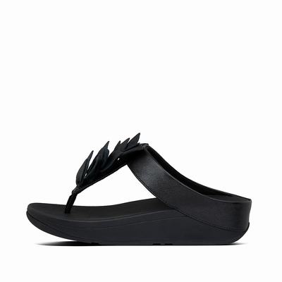 Fitflop Fino Leaf Leather Toe-Thongs - Sandalen Damen - Schwarz (FUL637129)